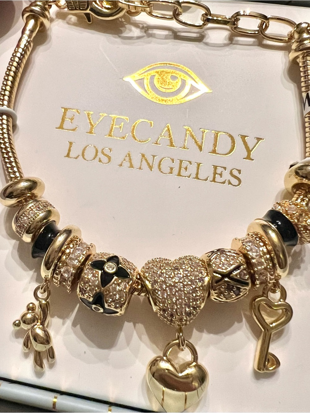 NEW Eye Candy Los Angeles GOLD Charm Beaded Bracelet CZ gift box. Hearts, Bear.